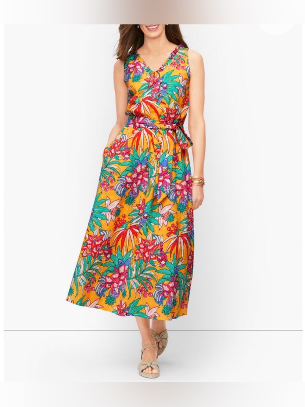 Talbots Sz 12 Tropical Floral Midi Dress Yellow V-Neck Belted Sleeveless NWT